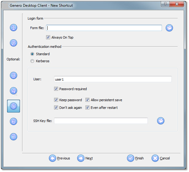 The figure shows panel five of the Genero Desktop Client shortcut wizard with Standard specified as the Authentication method and "user1" specified in the User field.