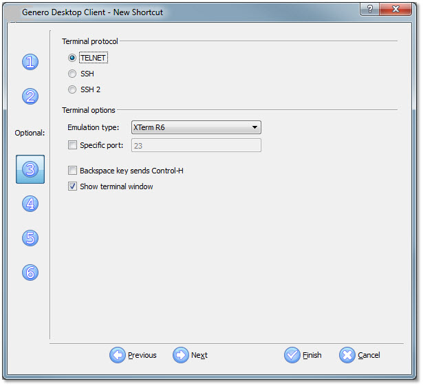 The figure shows panel three of the Genero Desktop Client shortcut wizard with TELNET selected for the Terminal protocol.