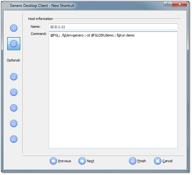 This figure shows panel two of the Genero Desktop Client shortcut wizard with the Name specified as 10.0.1.11 and the command @FGL; .fgl/envgenero ; cdf $FGLDIR/demo ; fglrun demo in the command field.