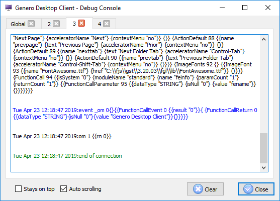 The figure is a screenshot of the Genero Desktop Client Debug Console.