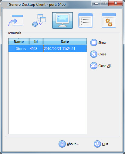 The figure is a screen shot of the Genero Desktop Client with the Terminals panel selected.