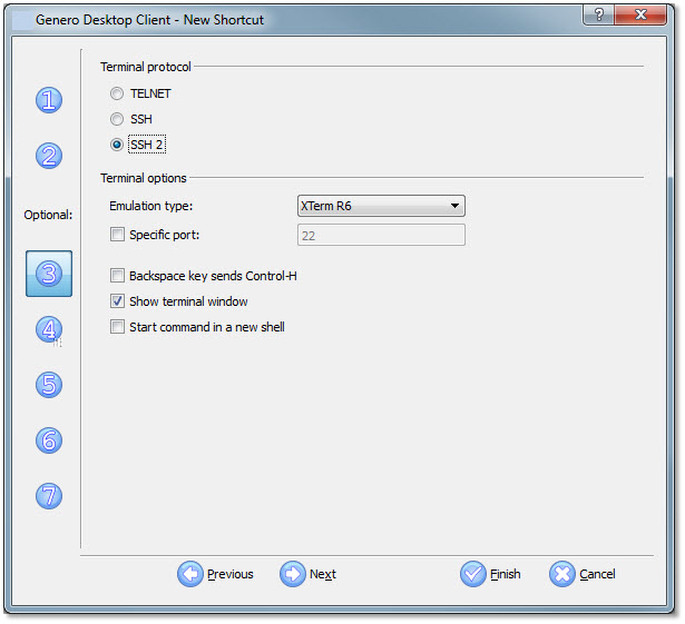 The figure shows panel three of the Genero Desktop Client shortcut wizard with SSH 2 selected as the Terminal protocol.