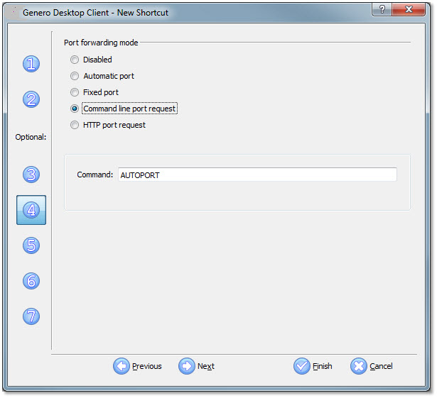 The figure shows panel four of the Genero Desktop Client shortcut wizard with Command line port request selected for the Port forwarding mode and AUTOPORT specified in the Command field.
