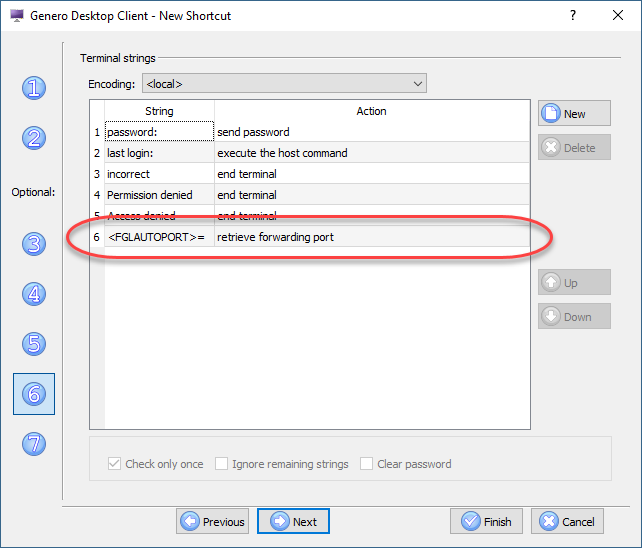 The figure shows panel six of the Genero Desktop Client shortcut wizard, with FGLAUTOPORT set to retrieve the forwarding port.