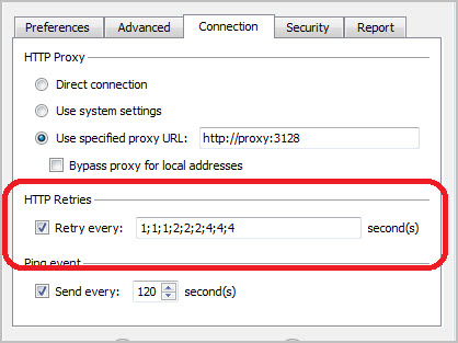 The figure is a screen shot of the Genero Desktop Client in Administrative Mode with the HTTP Retries section highlighted in the Connection Tab.