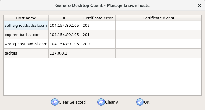 Screenshot of Manage known hosts. Clear and OK buttons shown.