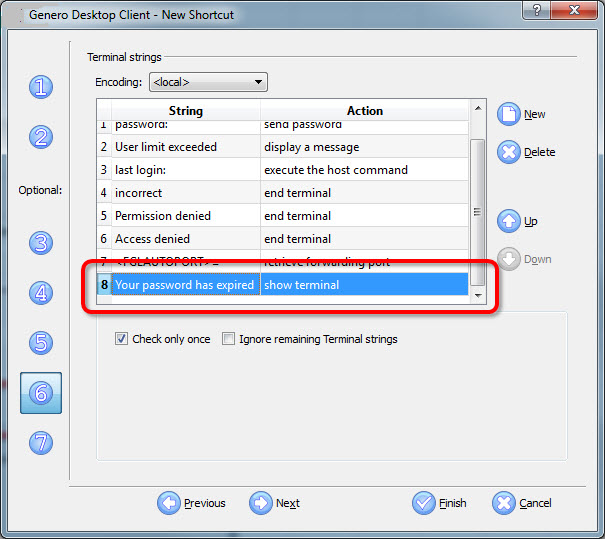 The figure shows panel six of the Genero Desktop Client shortcut wizard with the following entry highlighted: a String of Your password has expired and an Action of show terminal.