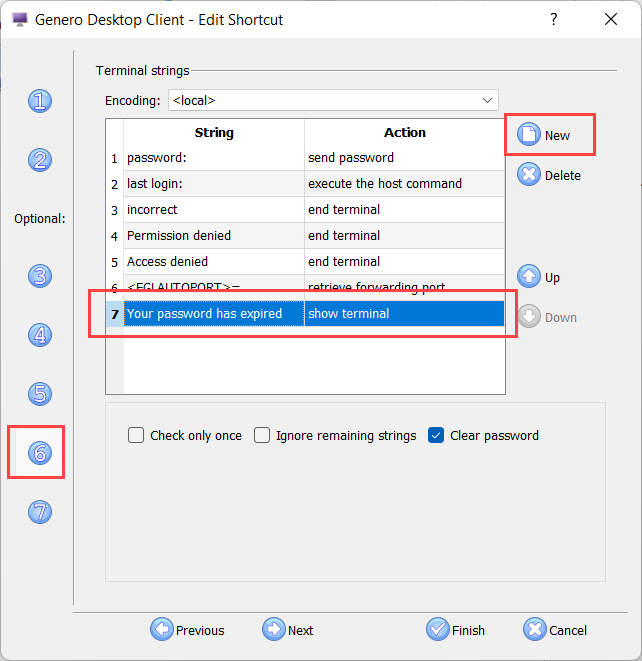 The figure shows panel six of the Genero Desktop Client shortcut wizard with the following entry highlighted: a String of Your password has expired and an Action of show terminal.