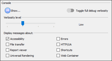 Screen capture of Console configuration in the Debug panel