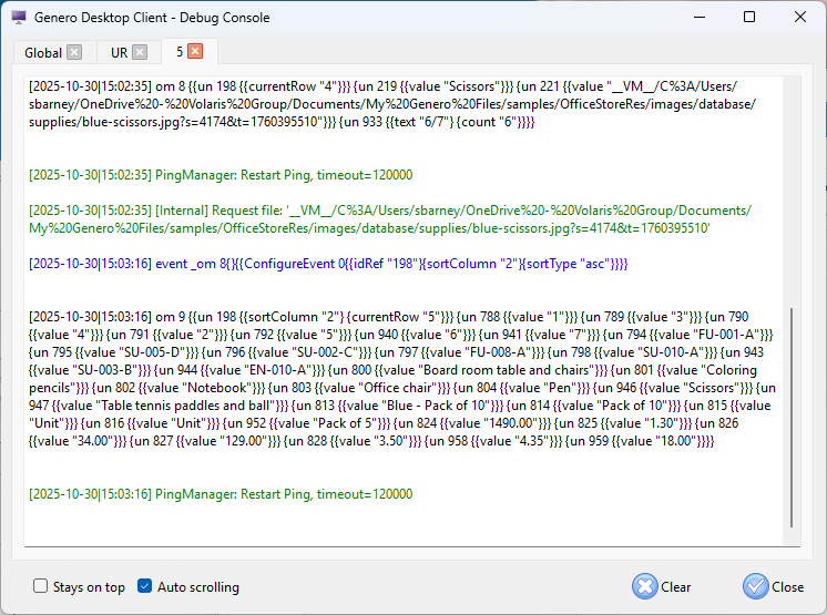 The figure is a screenshot of the Genero Desktop Client Debug Console Application tab.