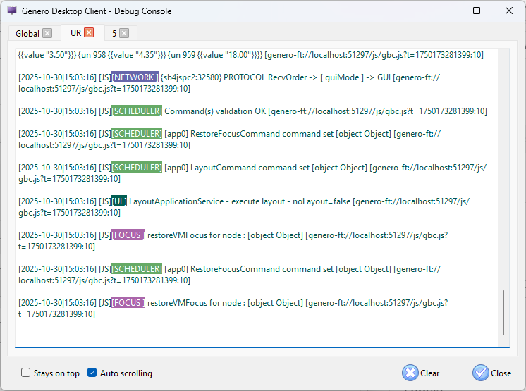 The figure is a screenshot of the Genero Desktop Client Debug Console Universal Rendering tab.