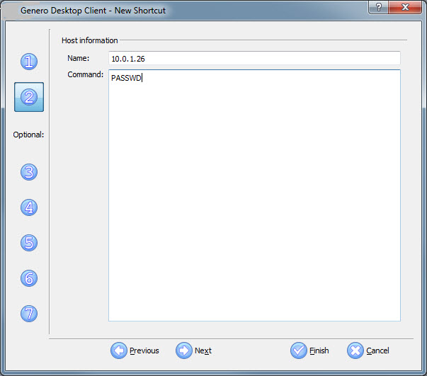 The figure shows panel two of the Genero Desktop Client shortcut wizard with "10.0.IBM6" entered in the Name field and PASSWD entered in the Command field.