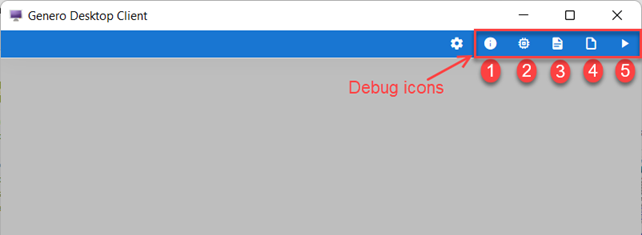 Screenshot that displays the GDC in debug mode, highlighting the debug icons. The debug icons are described in the text.