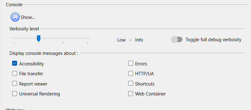 Screen capture of Console configuration in the Debug panel