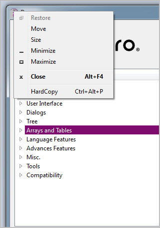 The figure is a screen shot showing the Windows system menu with the HardCopy context menu item.