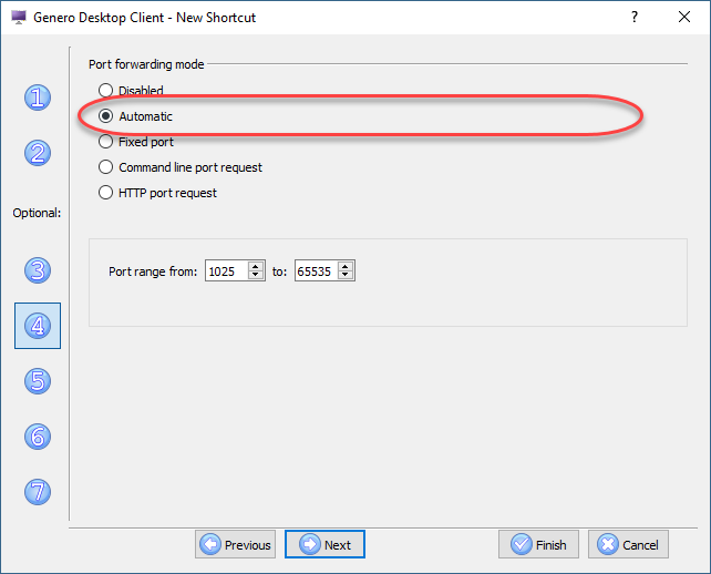 The figure shows panel four of the Genero Desktop Client shortcut wizard, with the Automatic port radio button selected.