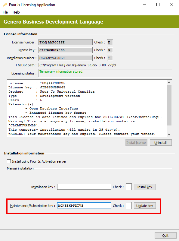 Image shows the Genero BDL Licenser window highlighting the installation of the maintenance key