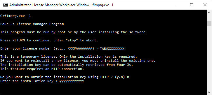Image shows a screenshot of the installation of an installation key with the License Manager flmprg -l command