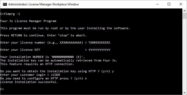 Image shows installation of license number and license key using the License Manager flmprg -l command and taking the option to automatically register the license over the internet