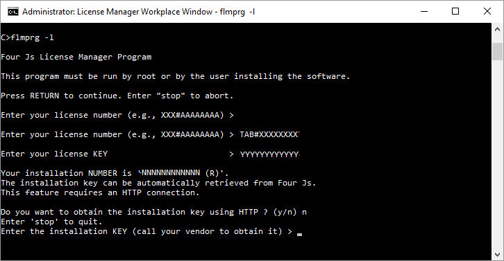 Image shows a screenshot license installation using the License Manager flmprg -l command and taking the option not to register the license over the internet