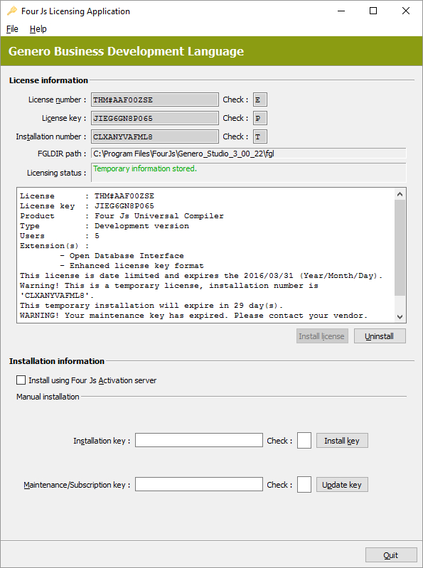 Image shows a screenshot of the Genero BDL Licenser window displaying details of a temporary license installed for a Genero BDL installation.