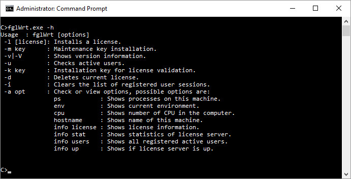 Image shows the license controller command options shown when the fglWrt -h is executed