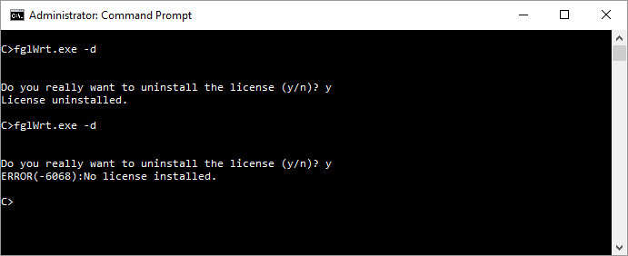 Image shows use of the fglWrt -d command to delete an installed license. Also shows the error message 6068, which is displayed when there is no license installed that can be deleted.