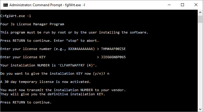 Screenshot of installation of temporary license using the fglWrt -l command, also explains how to get the installation key and complete licensing.