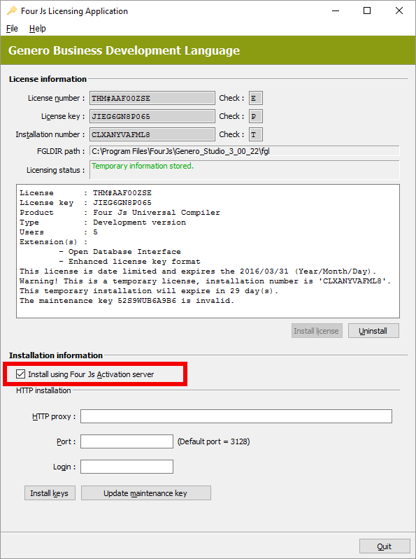 Image shows the Genero BDL Licenser window with the option to Install using Four Js Activation server selected
