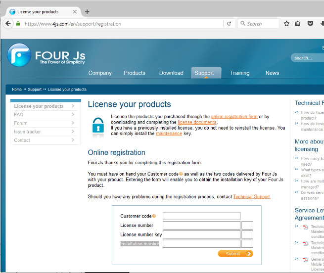 This figure shows the Online registration form on the License your products page on the Four Js web site at www.4js.com.