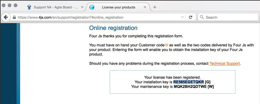 This screenshot shows the Online registration page of the Four Js web site after completing registration.