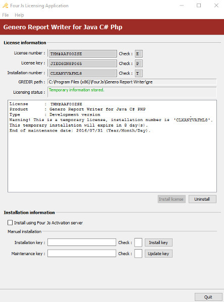 Image shows a screenshot of the Genero Report Engine for Java Licenser window. The information displayed shows a temporary license for Genero Report Writer for Java, C# and PHP is installed.