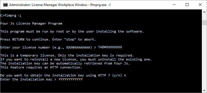 Image shows a screenshot of the installation of an installation key using the License Manager flmprg -l command