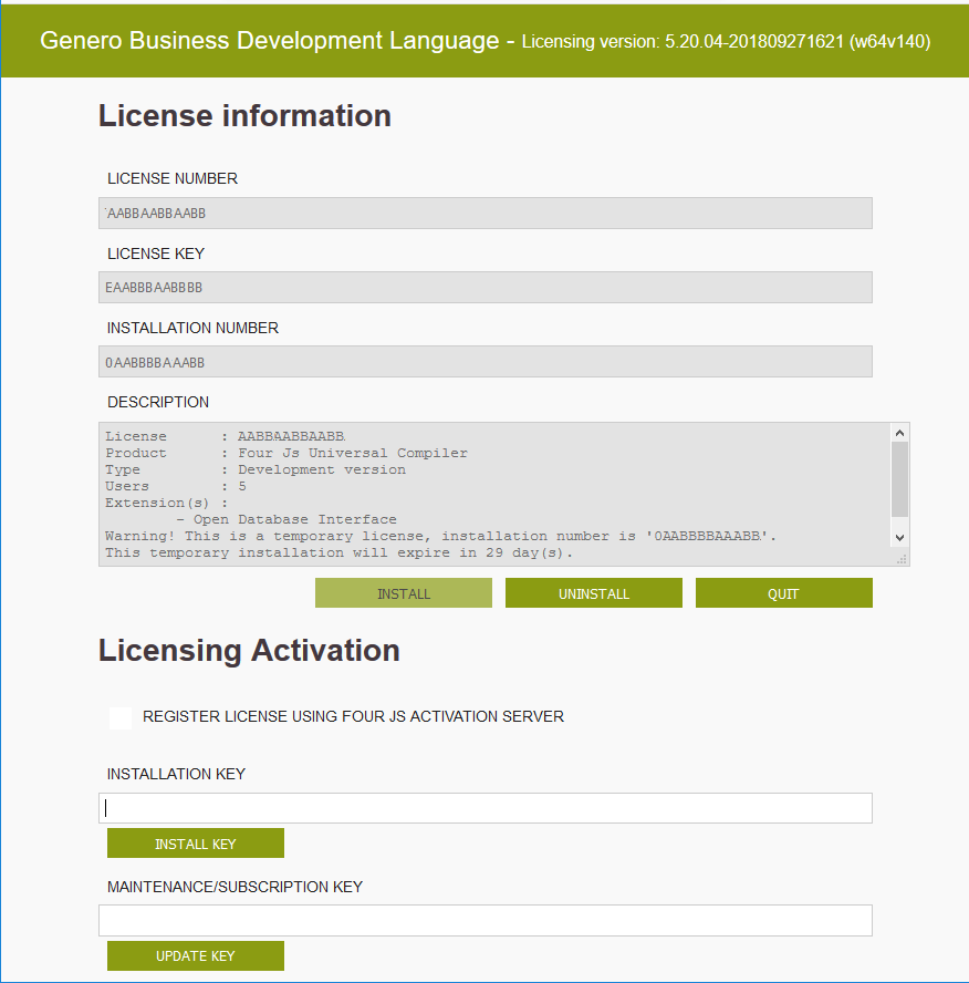 Image shows a screenshot of the Genero BDL Licenser screen displaying license details for a Genero BDL installation.