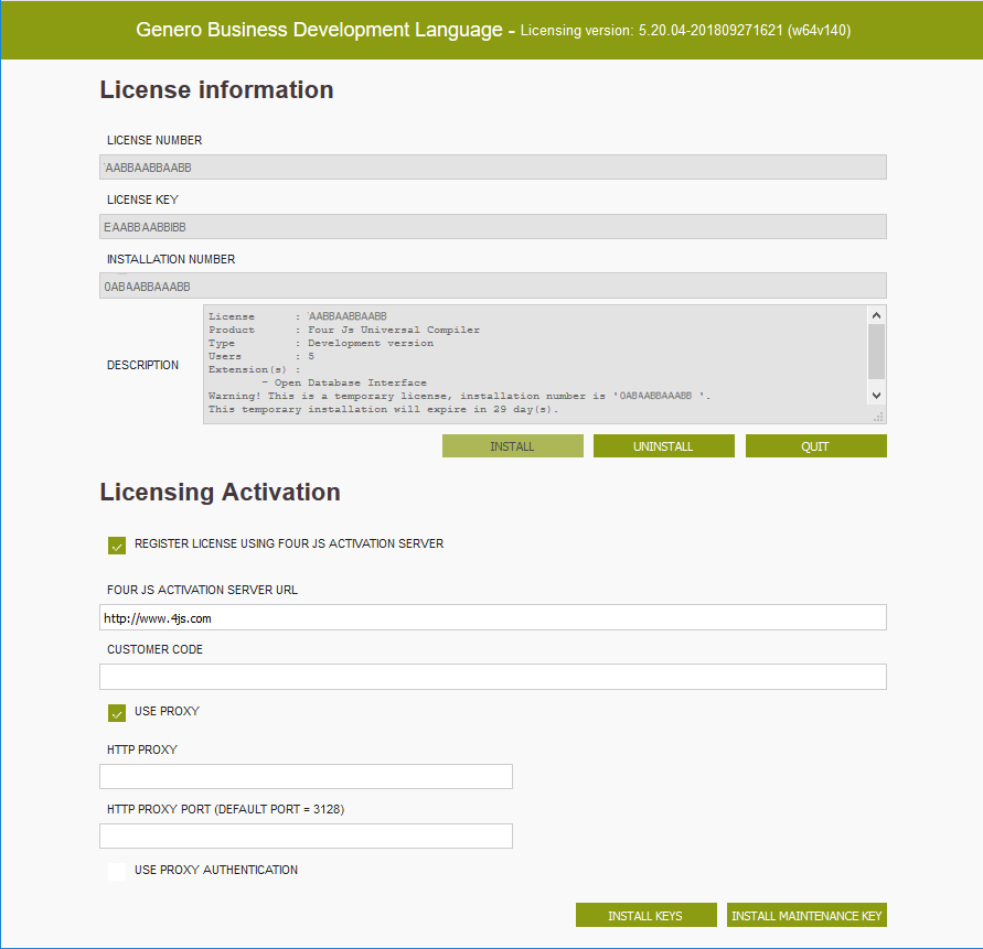 Image shows the user interface with the option to Register license using Four Js Activation server selected