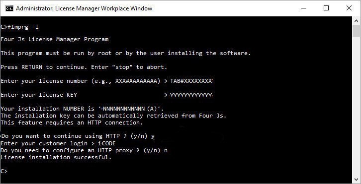 Image shows installation of license number and license key using the License Manager flmprg -l command and taking the option to automatically register the license over the internet