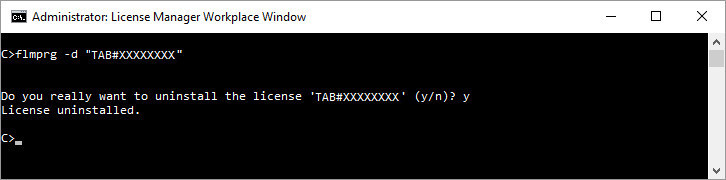 Image shows use of the flmprg -d command to delete an installed license.