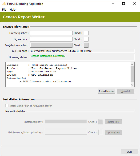 Image shows a screenshot of the Genero Report Engine Licenser screen. The license status displayed shows the Genero Report Engine is licensed under the maintenance from the Genero BDL license.