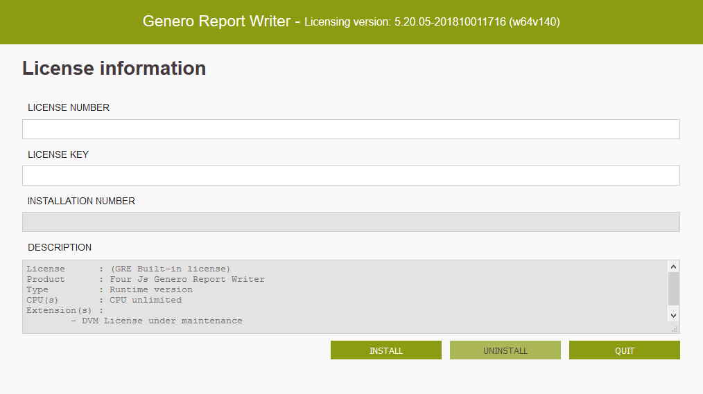 Image shows Genero user interface for licensing your Genero Report Engine. The information displayed shows that GRE built-in license is installed.