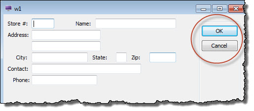 This figure is a screenshot showing the default action views (buttons) for the predefined actions accept and cancel in the custform form displayed during query-by-example in chapter 4.