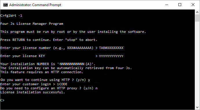 Image shows installation of license using the fglWrt command and taking the option for automatic registration of license over the internet