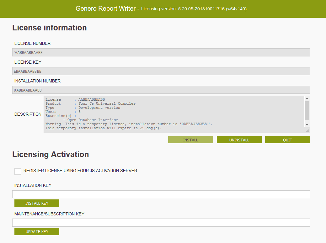 Image shows the licensing user interface page for manually installing your installation key and maintenance key.