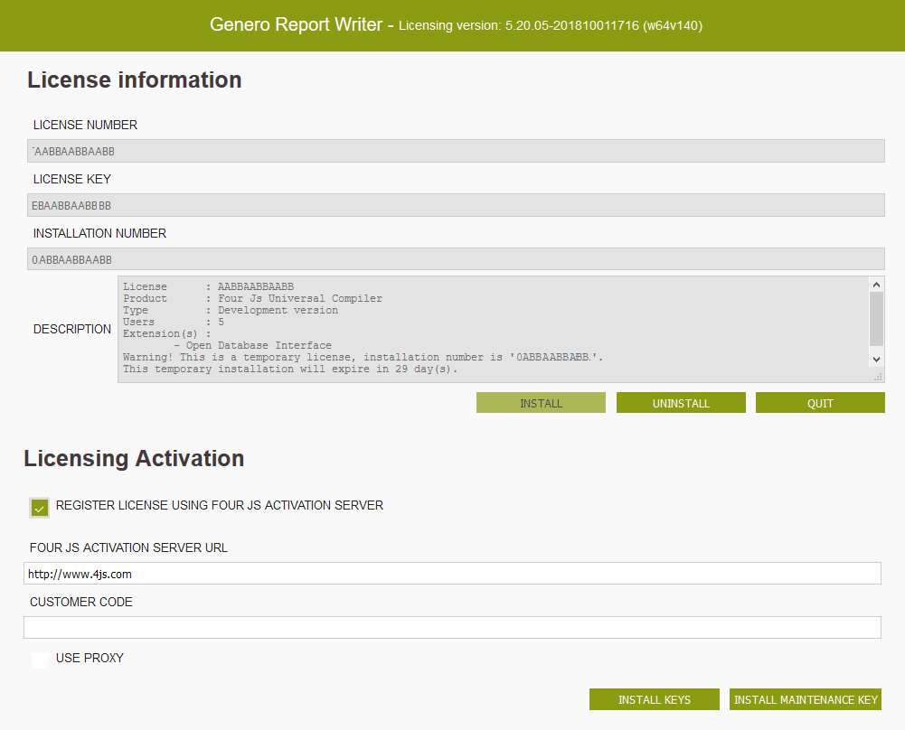 Image shows the user interface with the option to Register license using Four Js Activation server selected