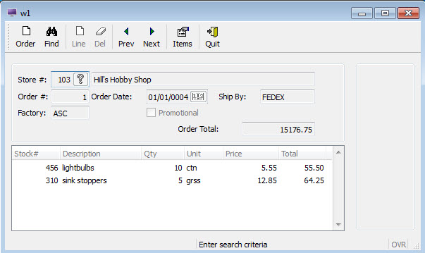 This figure is a screenshot of the orderform form, a master-detail form that displays information from multiple tables in the custdemo database.