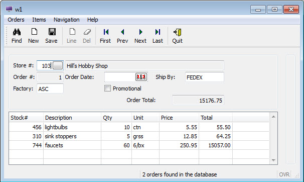 This figure is a screenshot of a Master/Detail form showing data from the orders and items tables in the custdemo database.