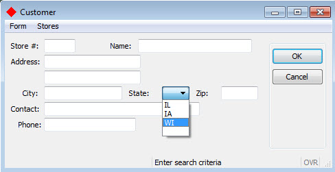 This figure is a screenshot showing a combobox used to display a dropdown list of valid states.