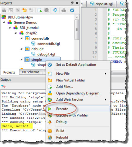 This figure shows the Execute option used to compile, link and run the simple application. The program output, "Hello, world!", displays in the Output view.