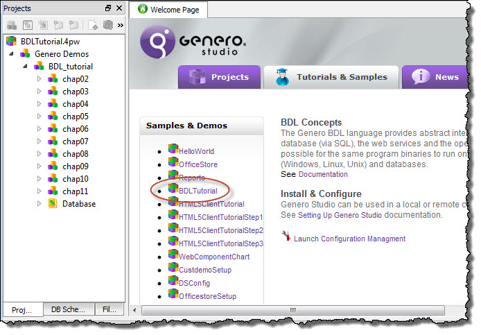 This figure is a screenshot demonstrating how to open the BDLTutorial project in Genero Studio by selecting it from the list in the Tutorials & Samples tab of the Welcome Page.