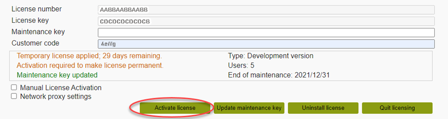 Image shows the licenser with the customer code entered and the Activate license key highlighted