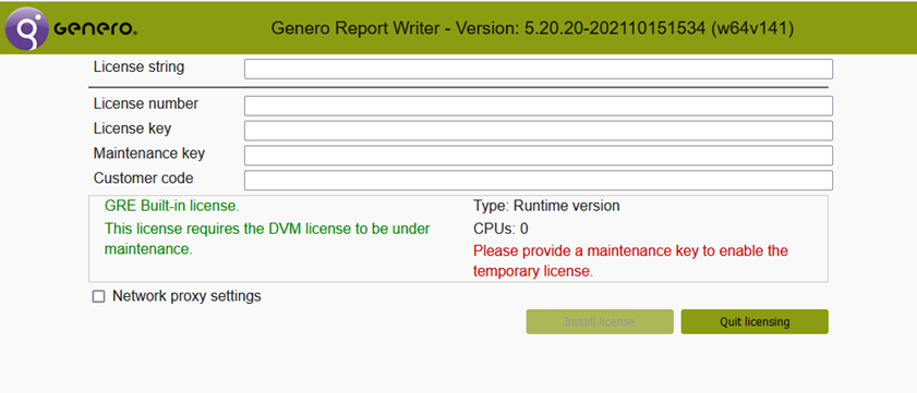 Image shows Genero user interface for licensing your Genero Report Engine. The information displayed shows that GRE built-in license is installed.
